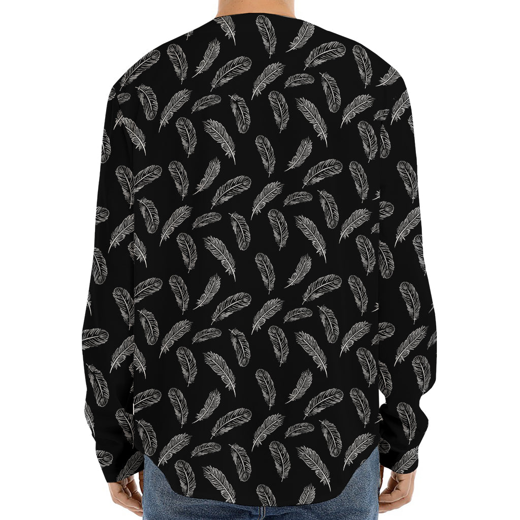 Black And White Feather Pattern Print Long Sleeve Baseball Jersey