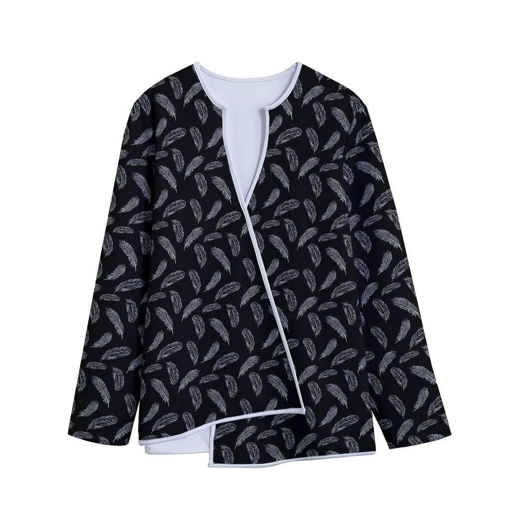 Black And White Feather Pattern Print Long Sleeve Short Coat