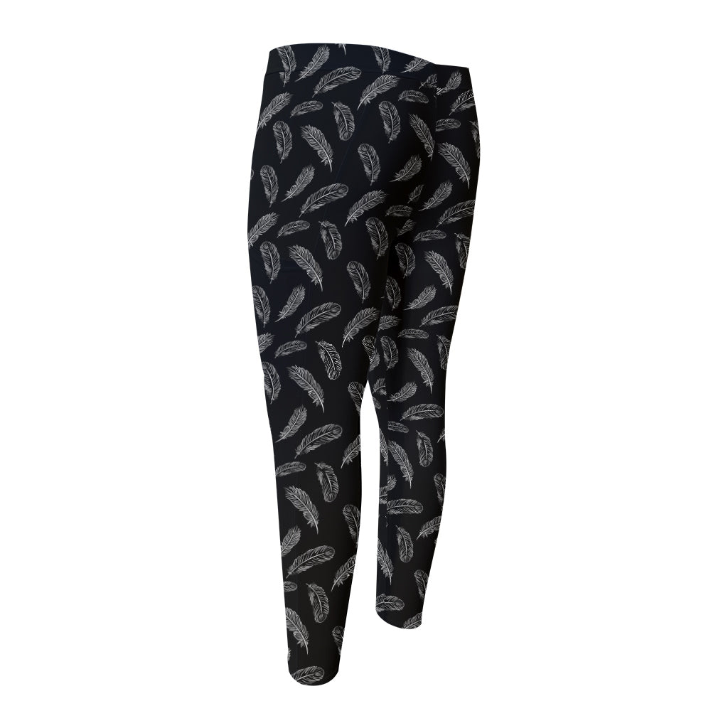 Black And White Feather Pattern Print Men's Compression Pants