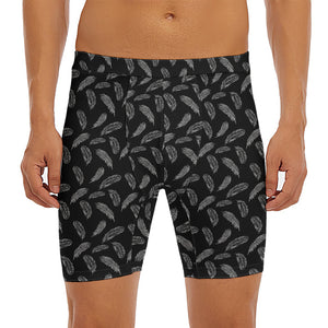 Black And White Feather Pattern Print Men's Long Boxer Briefs