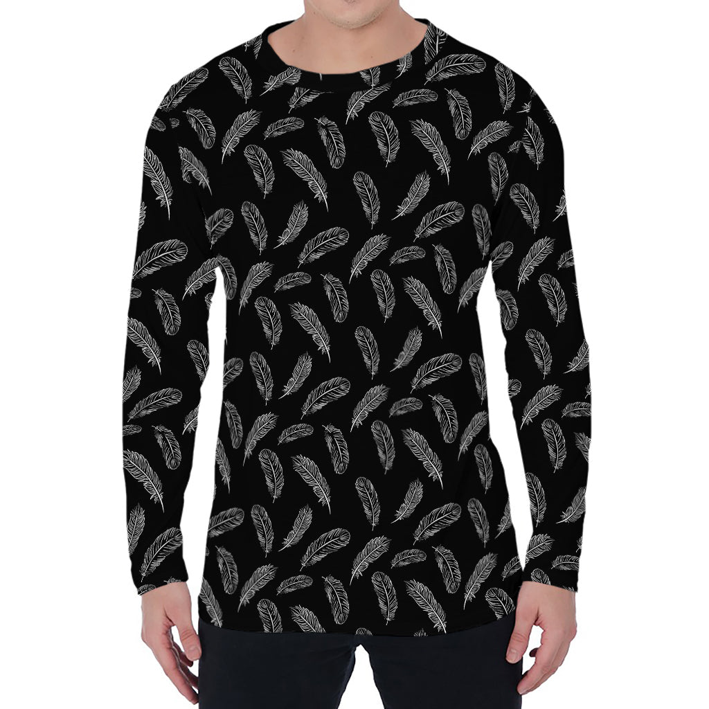 Black And White Feather Pattern Print Men's Long Sleeve T-Shirt