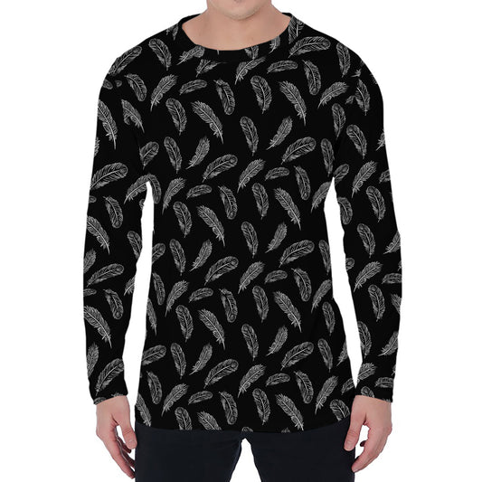 Black And White Feather Pattern Print Men's Long Sleeve T-Shirt