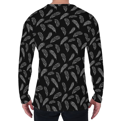 Black And White Feather Pattern Print Men's Long Sleeve T-Shirt