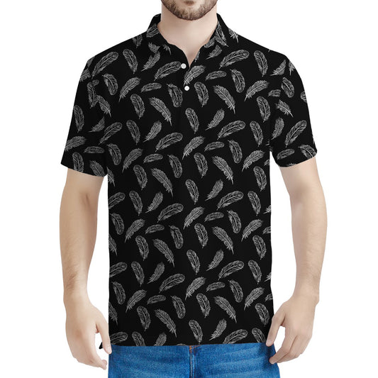 Black And White Feather Pattern Print Men's Polo Shirt