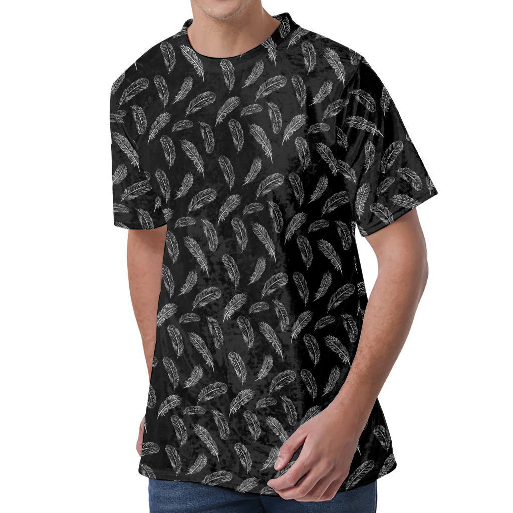 Black And White Feather Pattern Print Men's Velvet T-Shirt
