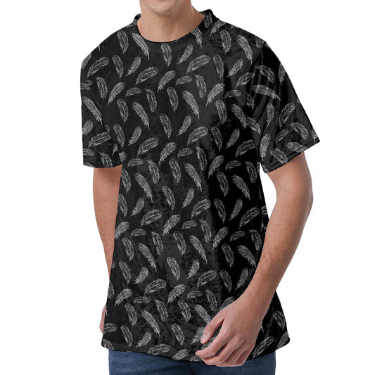Black And White Feather Pattern Print Men's Velvet T-Shirt