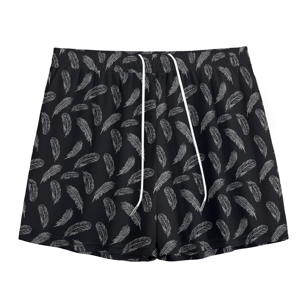 Black And White Feather Pattern Print Mesh Shorts