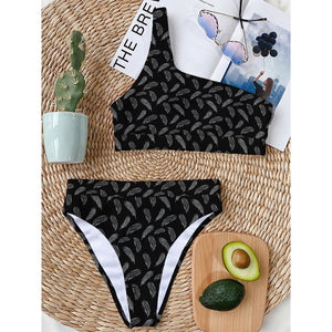 Black And White Feather Pattern Print One Shoulder Bikini Top