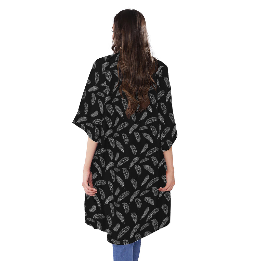 Black And White Feather Pattern Print Open Front Beach Cover Up