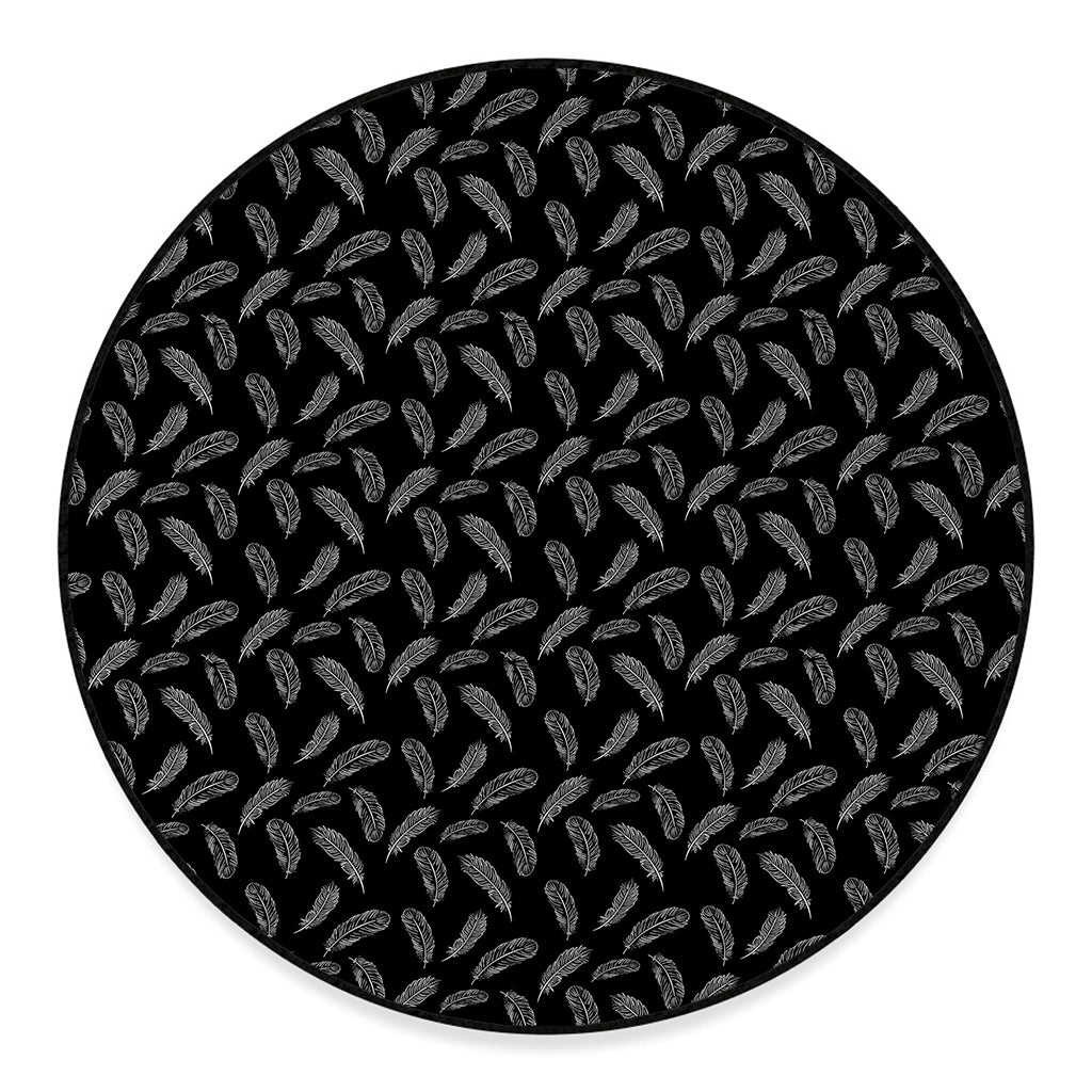 Black And White Feather Pattern Print Round Floor Mat