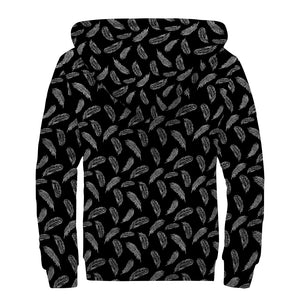 Black And White Feather Pattern Print Sherpa Lined Zip Up Hoodie