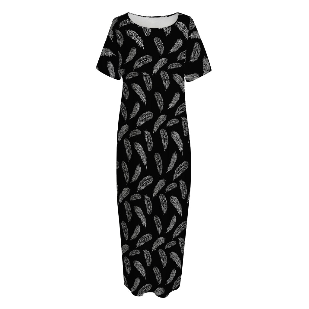 Black And White Feather Pattern Print Short Sleeve Long Nightdress