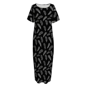 Black And White Feather Pattern Print Short Sleeve Long Nightdress