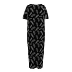 Black And White Feather Pattern Print Short Sleeve Long Nightdress