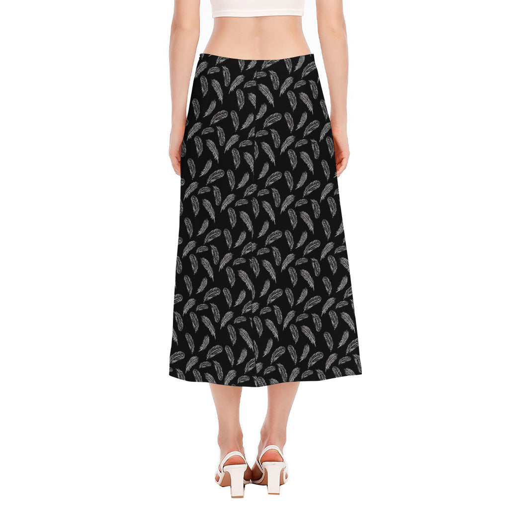 Black And White Feather Pattern Print Side Slit Midi Skirt