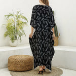 Black And White Feather Pattern Print Silk V-Neck Kaftan Dress