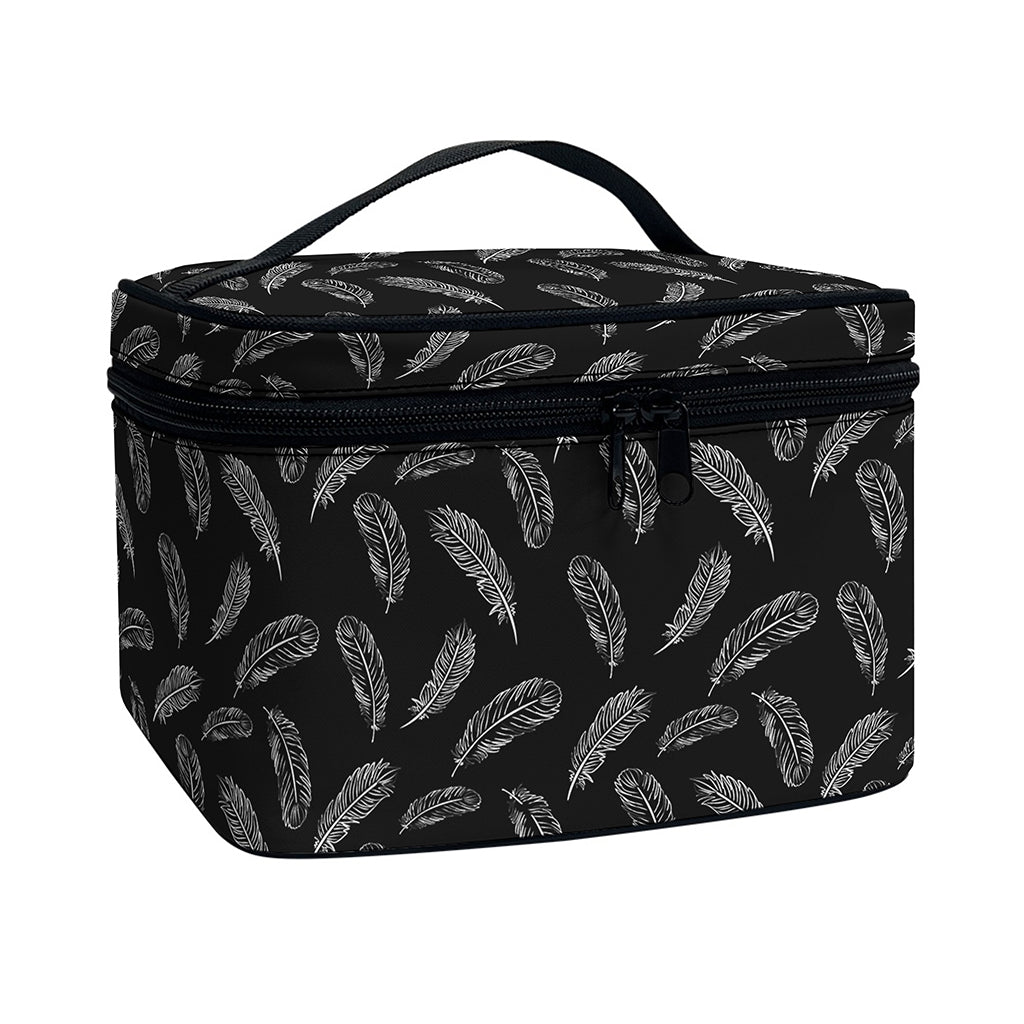 Black And White Feather Pattern Print Travel Makeup Bag