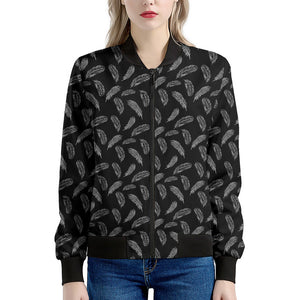 Black And White Feather Pattern Print Women's Bomber Jacket