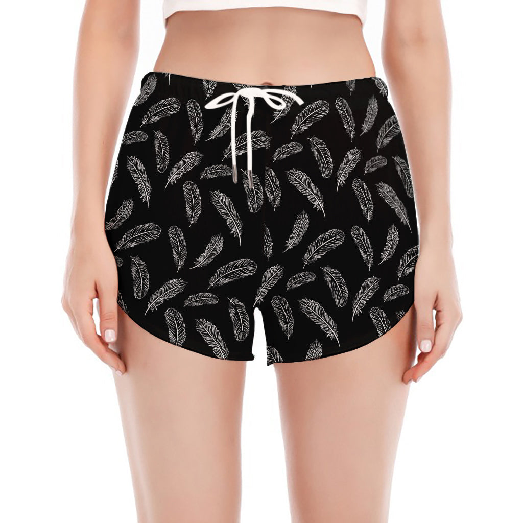 Black And White Feather Pattern Print Women's Split Running Shorts