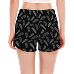 Black And White Feather Pattern Print Women's Split Running Shorts