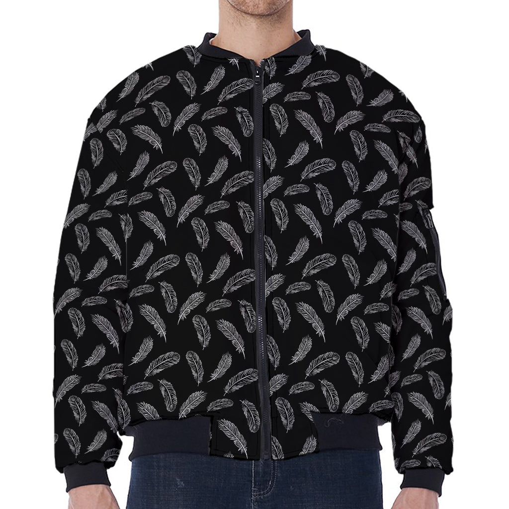 Black And White Feather Pattern Print Zip Sleeve Bomber Jacket