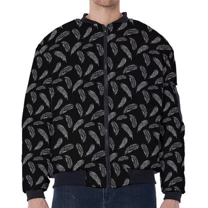 Black And White Feather Pattern Print Zip Sleeve Bomber Jacket