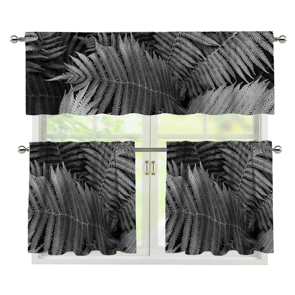 Black And White Fern Leaf Print 3 Piece Kitchen Curtains