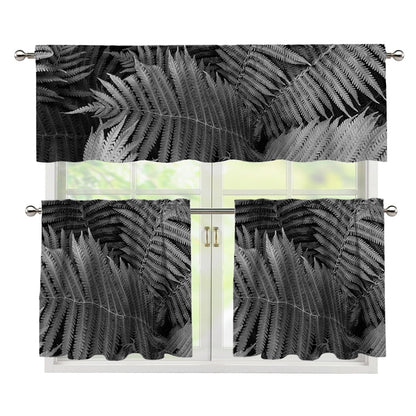 Black And White Fern Leaf Print 3 Piece Kitchen Curtains