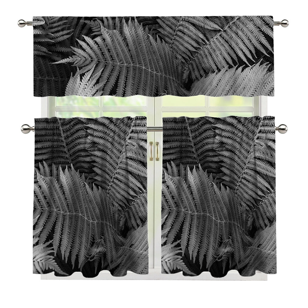 Black And White Fern Leaf Print 3 Piece Kitchen Curtains