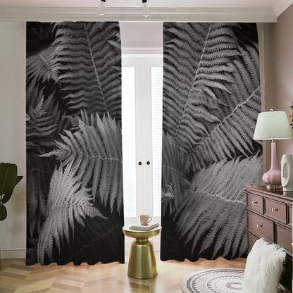 Black And White Fern Leaf Print Blackout Pencil Pleat Curtains