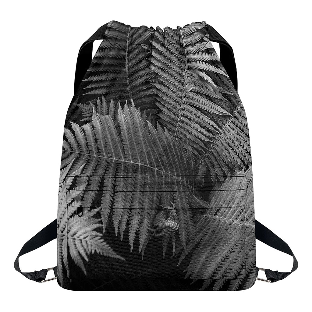 Black And White Fern Leaf Print Drawstring Backpack