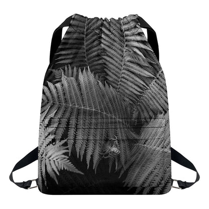 Black And White Fern Leaf Print Drawstring Backpack