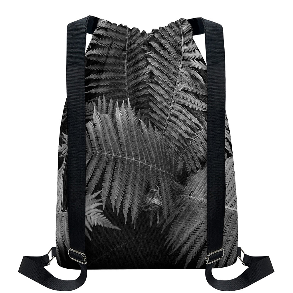 Black And White Fern Leaf Print Drawstring Backpack