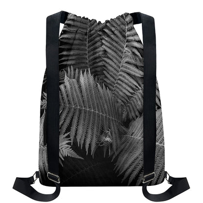 Black And White Fern Leaf Print Drawstring Backpack