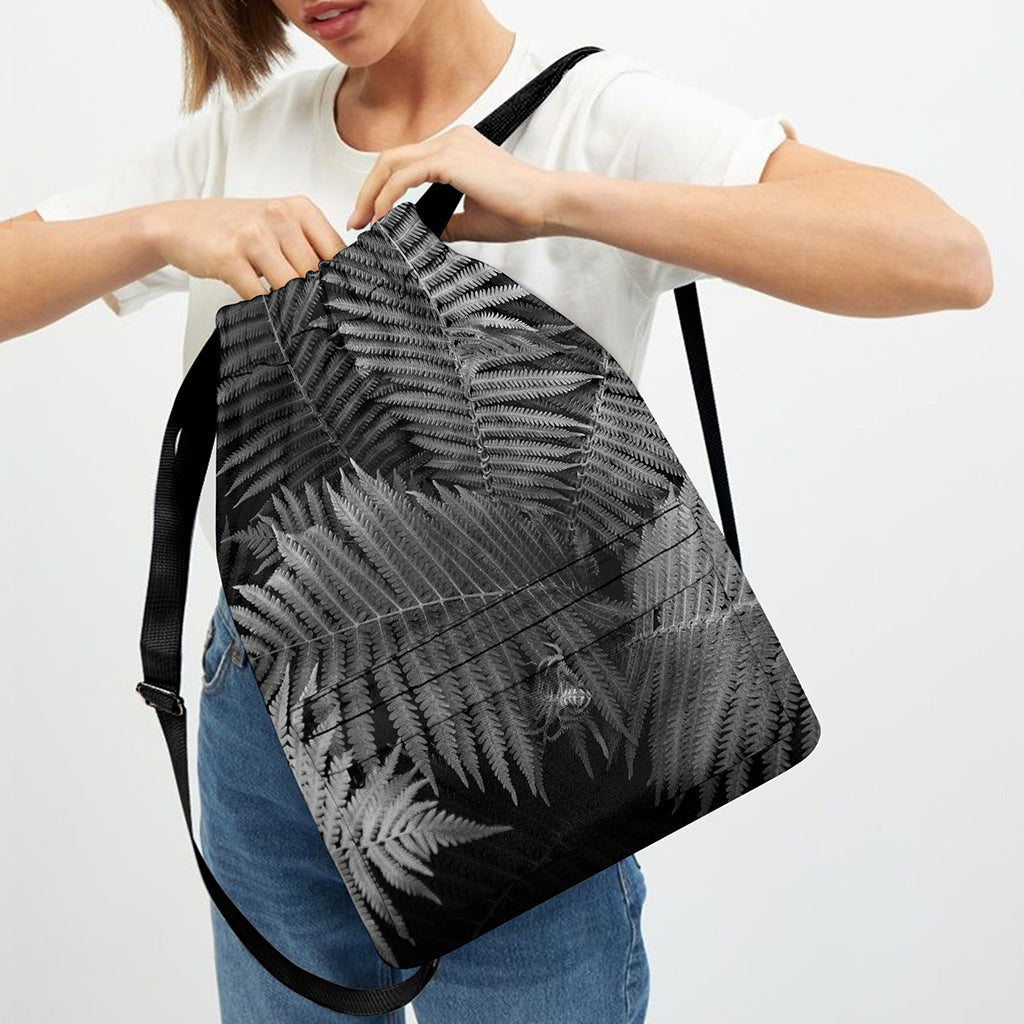 Black And White Fern Leaf Print Drawstring Backpack