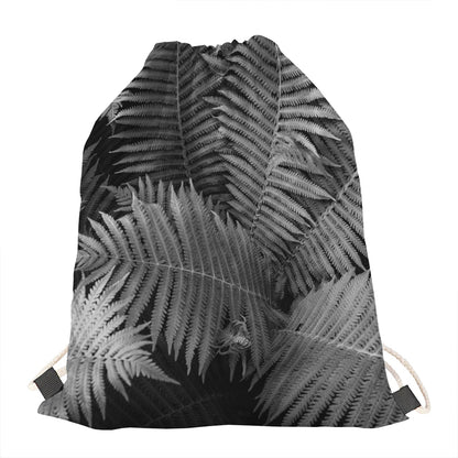 Black And White Fern Leaf Print Drawstring Bag