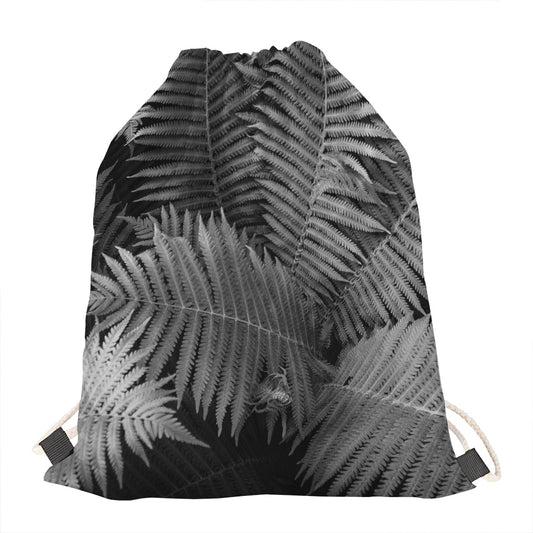 Black And White Fern Leaf Print Drawstring Bag
