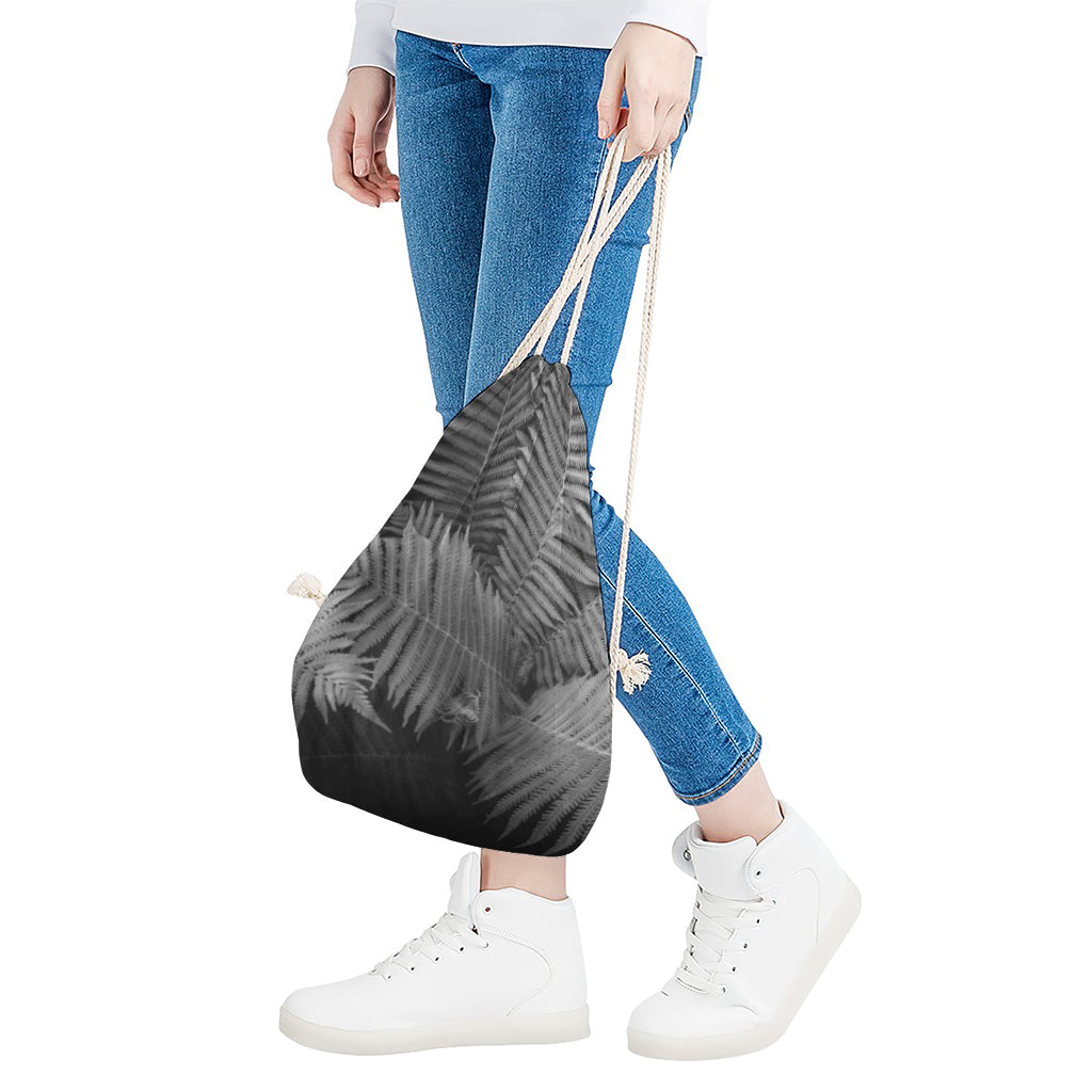 Black And White Fern Leaf Print Drawstring Bag