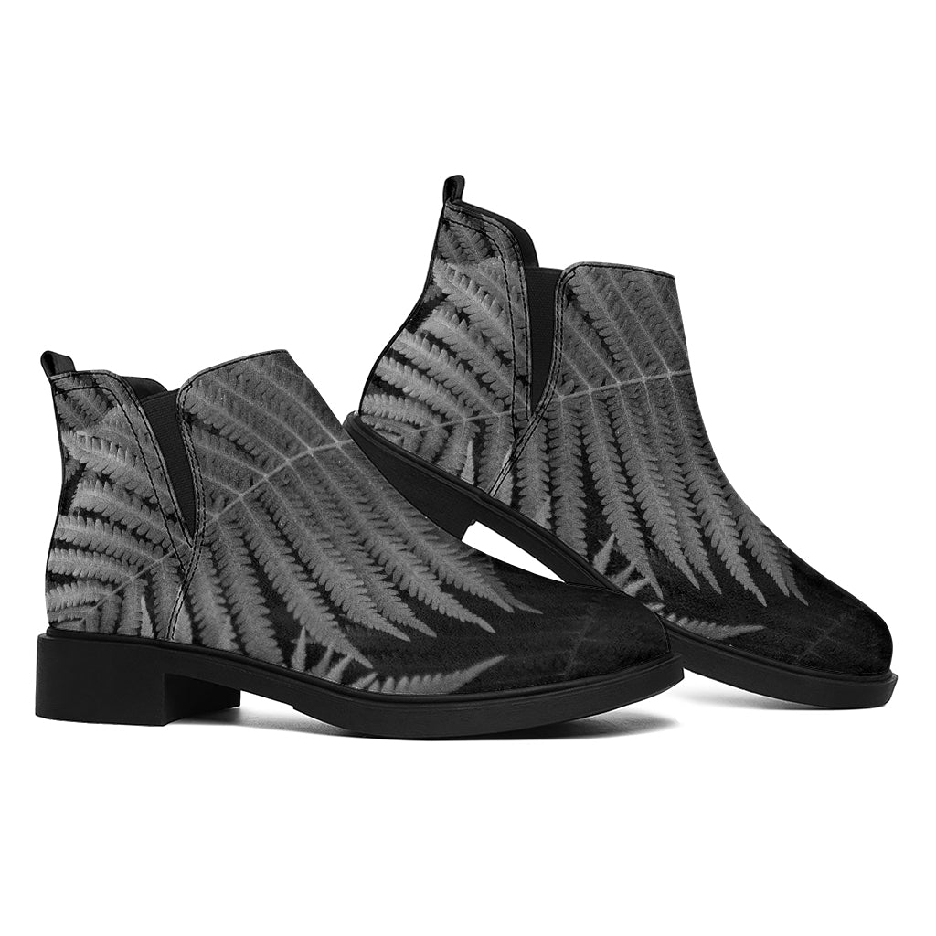 Black And White Fern Leaf Print Flat Ankle Boots