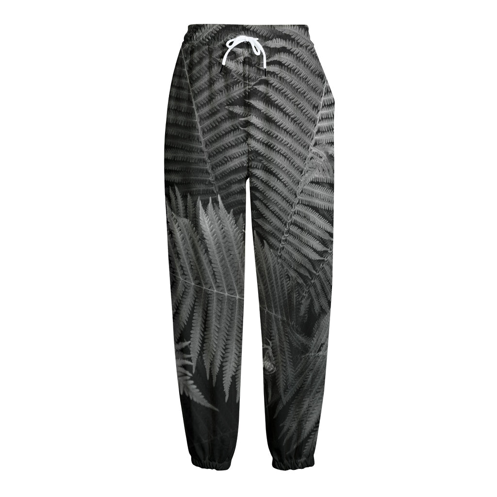 Black And White Fern Leaf Print Fleece Lined Knit Pants