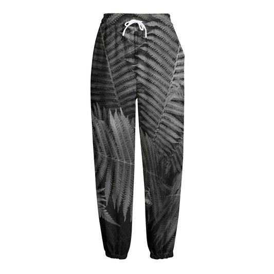 Black And White Fern Leaf Print Fleece Lined Knit Pants