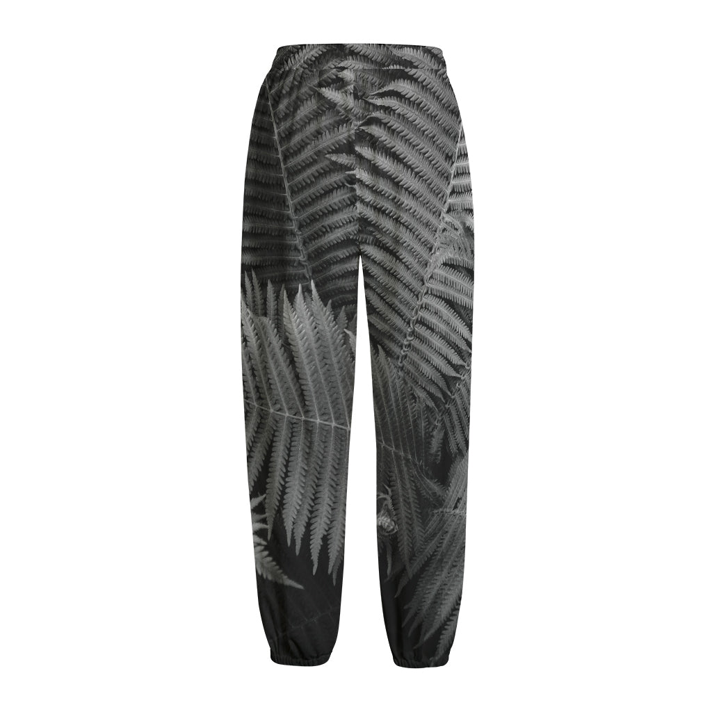 Black And White Fern Leaf Print Fleece Lined Knit Pants
