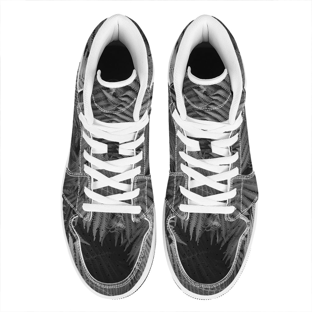 Black And White Fern Leaf Print High Top Leather Sneakers