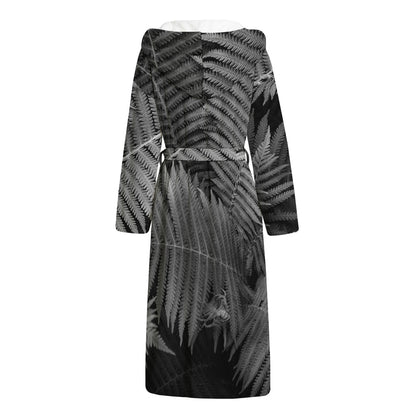 Black And White Fern Leaf Print Hooded Bathrobe
