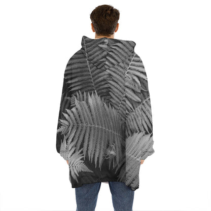Black And White Fern Leaf Print Hoodie Blanket