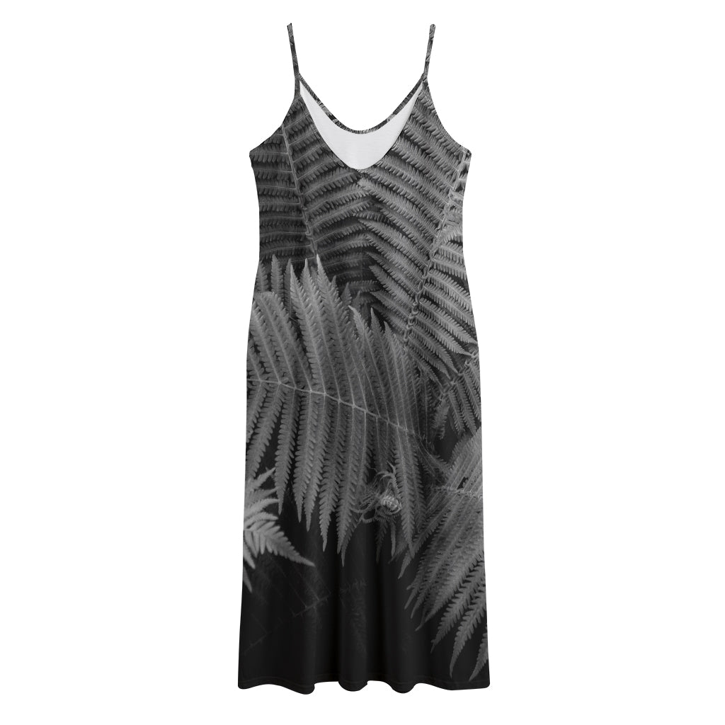 Black And White Fern Leaf Print Jersey Midi Cami Dress