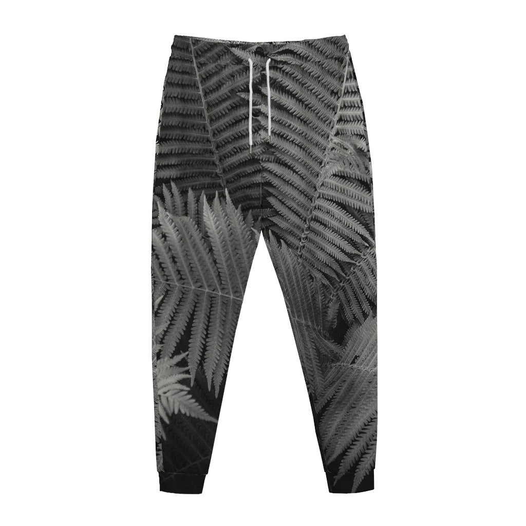 Black And White Fern Leaf Print Jogger Pants