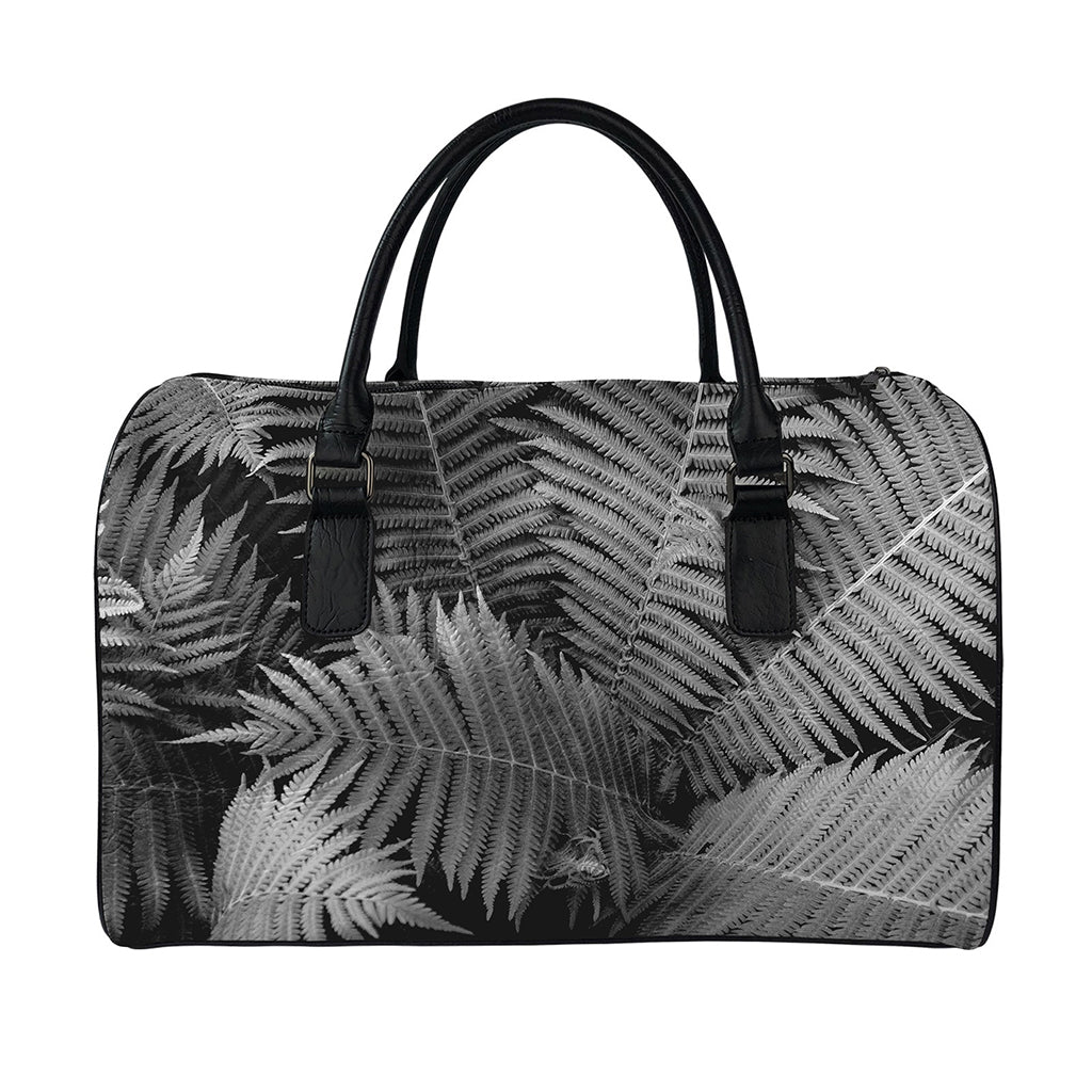 Black And White Fern Leaf Print Leather Duffle Bag