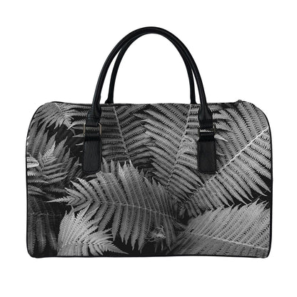 Black And White Fern Leaf Print Leather Duffle Bag