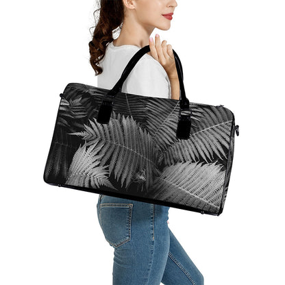 Black And White Fern Leaf Print Leather Duffle Bag